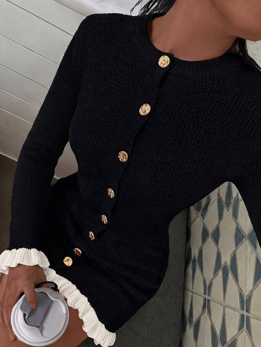 Penseblé Autumn/Winter Daily Commute Party Elegant Business Casual Ribbed Knit Ruffle Button-Down Solid Black Long Sleeve Bodycon Dress Exquisite Romantic - Black and White - View 1