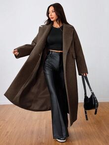 Flirla Casual Lapel Long Overcoat - Coffee Brown - View 3