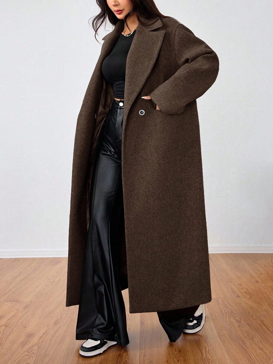 Flirla Casual Lapel Long Overcoat - Coffee Brown - View 1