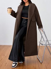 Flirla Casual Lapel Long Overcoat - Coffee Brown - View 5