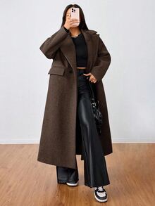 Flirla Casual Lapel Long Overcoat - Coffee Brown - View 4