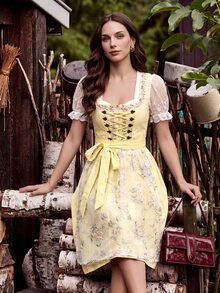 Fairmaia German Traditional Women's Contrast Lace Tie-Up Dress - Yellow - View 2