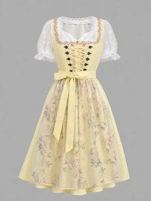 Fairmaia German Traditional Women's Contrast Lace Tie-Up Dress - Yellow - View 4