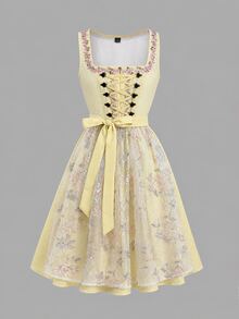Fairmaia German Traditional Women's Contrast Lace Tie-Up Dress - Yellow - View 7