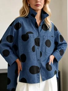 SHEIN Uhlyne European And American New Fashion Lapel Elegant Decorative Button Design Long Sleeve Printed Women's Jacket, Women's Autumn/Winter Top, Long Sleeve Top, Autumn/Winter Clothing, Autumn Outfit, Vacation, Outing, Y2K, Spring, Summer, Back To School, Casual, Beach, Business, Versatile, Sexy, Women's Blue Shirt, Women's Autumn/Winter Long Sleeve Shirt - Blue - View 7