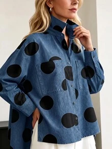 SHEIN Uhlyne European And American New Fashion Lapel Elegant Decorative Button Design Long Sleeve Printed Women's Jacket, Women's Autumn/Winter Top, Long Sleeve Top, Autumn/Winter Clothing, Autumn Outfit, Vacation, Outing, Y2K, Spring, Summer, Back To School, Casual, Beach, Business, Versatile, Sexy, Women's Blue Shirt, Women's Autumn/Winter Long Sleeve Shirt - Blue - View 6