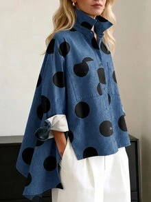 SHEIN Uhlyne European And American New Fashion Lapel Elegant Decorative Button Design Long Sleeve Printed Women's Jacket, Women's Autumn/Winter Top, Long Sleeve Top, Autumn/Winter Clothing, Autumn Outfit, Vacation, Outing, Y2K, Spring, Summer, Back To School, Casual, Beach, Business, Versatile, Sexy, Women's Blue Shirt, Women's Autumn/Winter Long Sleeve Shirt - Blue - View 4