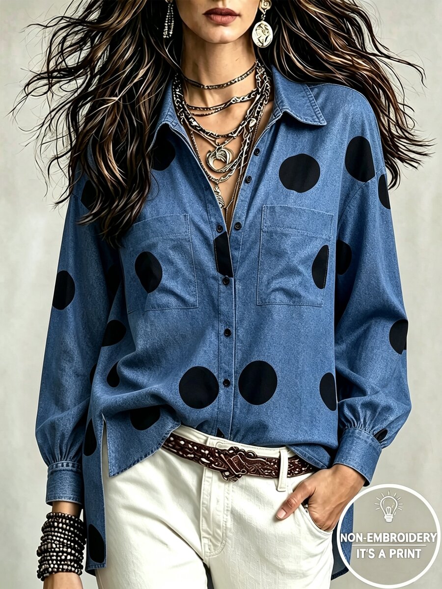 SHEIN Uhlyne European And American New Fashion Lapel Elegant Decorative Button Design Long Sleeve Printed Women's Jacket, Women's Autumn/Winter Top, Long Sleeve Top, Autumn/Winter Clothing, Autumn Outfit, Vacation, Outing, Y2K, Spring, Summer, Back To School, Casual, Beach, Business, Versatile, Sexy, Women's Blue Shirt, Women's Autumn/Winter Long Sleeve Shirt