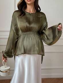 DAZY Chiffon Blouse Solid Color Shawl Design Asymmetrical Hem Elegant Commute Ruffle Waist Long Sleeve Maternity Top Fall - Olive Green - View 7