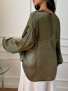 DAZY Chiffon Blouse Solid Color Shawl Design Asymmetrical Hem Elegant Commute Ruffle Waist Long Sleeve Maternity Top Fall - Olive Green - View 2