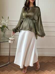 DAZY Chiffon Blouse Solid Color Shawl Design Asymmetrical Hem Elegant Commute Ruffle Waist Long Sleeve Maternity Top Fall - Olive Green - View 3