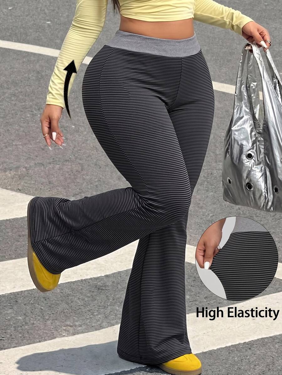 Muchica Plus Size Women's Black And White Colorblock Casual Traditional Versatile Daily Flare Pants Office Autumn Fall - Multicolor - View 1