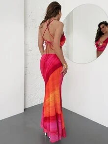 Aloruh Women's Y2K Pink Orange Summer Beach Holiday Vacation Set: Backless Swing Collar Top & Fishtail Skirt With Shell Metal Detail,Casual Boho Outfit - Orange - View 6
