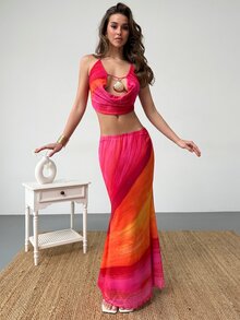 Aloruh Women's Y2K Pink Orange Summer Beach Holiday Vacation Set: Backless Swing Collar Top & Fishtail Skirt With Shell Metal Detail,Casual Boho Outfit - Orange - View 4