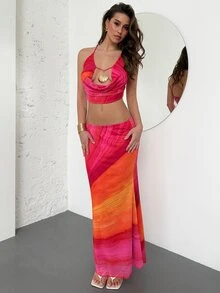 Aloruh Women's Y2K Pink Orange Summer Beach Holiday Vacation Set: Backless Swing Collar Top & Fishtail Skirt With Shell Metal Detail,Casual Boho Outfit - Orange - View 2