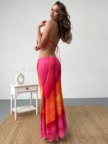Aloruh Women's Y2K Pink Orange Summer Beach Holiday Vacation Set: Backless Swing Collar Top & Fishtail Skirt With Shell Metal Detail,Casual Boho Outfit - Orange - View 8