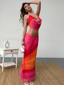 Aloruh Women's Y2K Pink Orange Summer Beach Holiday Vacation Set: Backless Swing Collar Top & Fishtail Skirt With Shell Metal Detail,Casual Boho Outfit - Orange - View 7