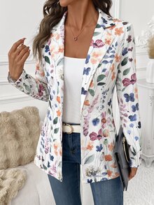 Editum 女款花卉圖案翻領長袖休閒法式浪漫優雅西裝外套，適合辦公室與早午餐，白色花卉夏季款 - 彩色 - 查看 4