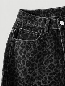SHEIN MOD 女款時尚街頭豹紋印花鈕扣口袋牛仔長褲 - 彩色 - 查看 3