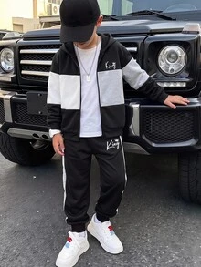SHEIN 2件組兒童青少年男孩拼色連帽拉鍊運動衫與慢跑褲套裝，秋冬男孩服飾，適合通勤、上學、日常休閒、學院風、旅行與運動 - 黑色 - 查看 6