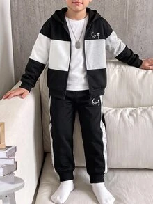 SHEIN 2件組兒童青少年男孩拼色連帽拉鍊運動衫與慢跑褲套裝，秋冬男孩服飾，適合通勤、上學、日常休閒、學院風、旅行與運動 - 黑色 - 查看 2