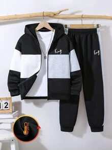 SHEIN 2件組兒童青少年男孩拼色連帽拉鍊運動衫與慢跑褲套裝，秋冬男孩服飾，適合通勤、上學、日常休閒、學院風、旅行與運動 - 黑色 - 查看 3