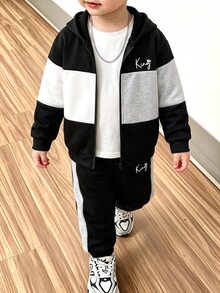 SHEIN 2件組兒童青少年男孩拼色連帽拉鍊運動衫與慢跑褲套裝，秋冬男孩服飾，適合通勤、上學、日常休閒、學院風、旅行與運動 - 黑色 - 查看 5