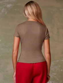 Athîral Women's Casual Simple Solid Color Front Button Short Sleeve Top, Summer - Khaki - View 2
