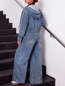 SHEIN 青少年女孩藍色牛仔連帽長袖短版夾克與寬鬆長褲2件套 - 藍色 - 查看 4