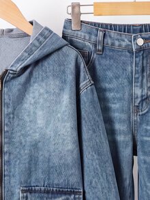 SHEIN 青少年女孩藍色牛仔連帽長袖短版夾克與寬鬆長褲2件套 - 藍色 - 查看 5