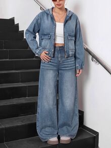 SHEIN 青少年女孩藍色牛仔連帽長袖短版夾克與寬鬆長褲2件套 - 藍色 - 查看 3