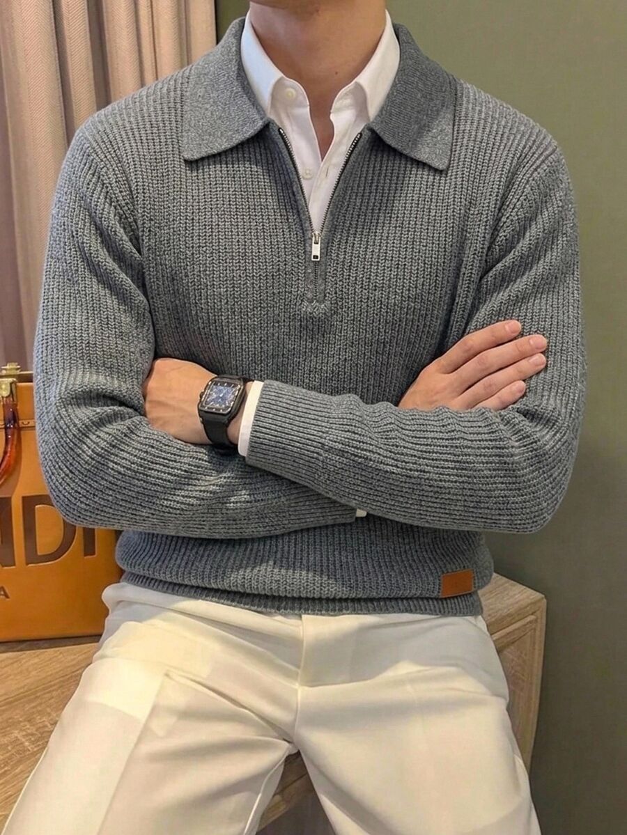 Claim Dot Old Money Men's Autumn/Winter Dropped Shoulder Long Sleeve Half-Zip Knit Sweater, Solid Color Loose Fit Casual Pullover - Grey - View 1