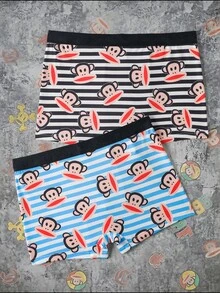 Paul Frank X SHEIN 2pcs Men's Funny Cartoon Colorblock Striped Letter Print Elastic Waist Comfortable Boxer Briefs - Black and White - View 2