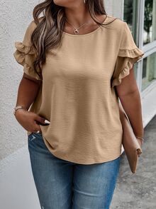 Weeklong Plus Solid Ruffle Trim Blouse BASICS Chic - Khaki - View 5