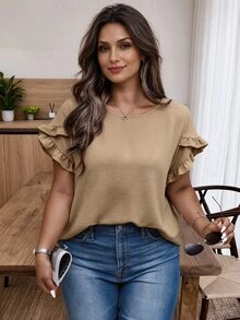 Weeklong Plus Solid Ruffle Trim Blouse BASICS Chic - Khaki - View 1