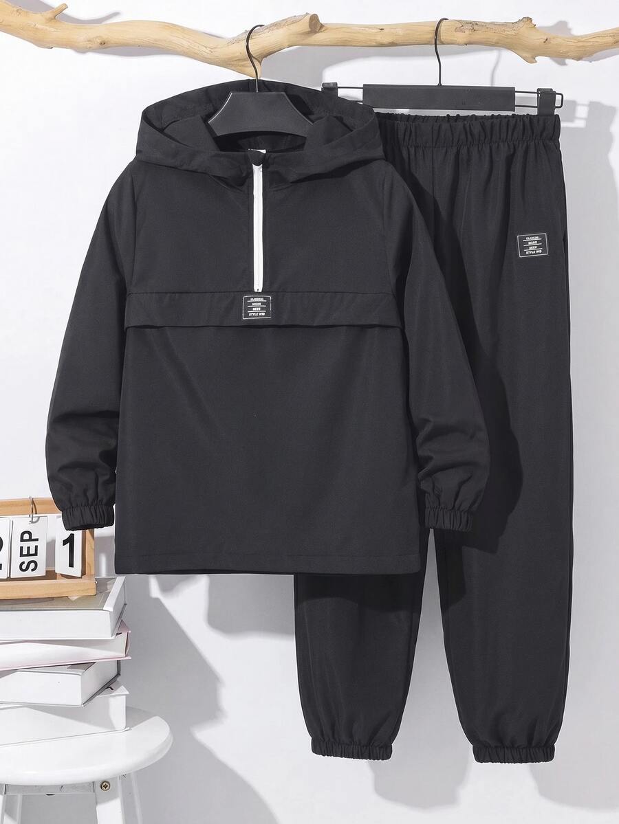 SHEIN 2件組兒童小男孩休閒日常百搭舒適拼接連帽半拉鍊套頭寬鬆長袖外套與寬鬆收口長褲梭織兩件套服裝，適合學校、花園、海灘、生日，春/夏季 - 黑色 - 查看 1