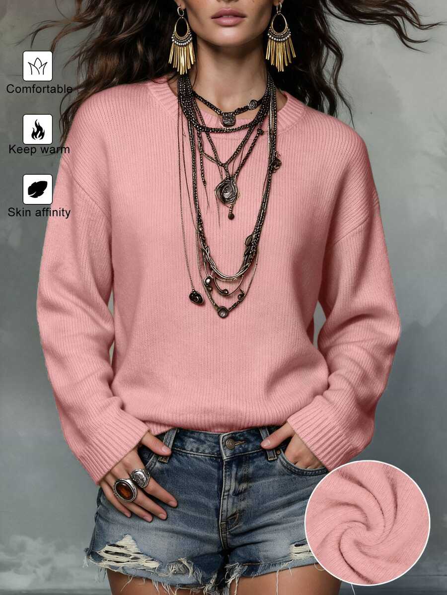 SHEIN [5%羊毛含量]女款秋冬粉色圓領寬鬆極簡落肩羊毛混紡針織毛衣，適合度假、休閒、通勤 - 淺粉色 - 查看 1