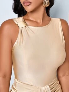 SOLERSUN Women Satin Sleeveless Ruched Draped Wrap Formal Elegant Long Dress Suitable For Party Casual Island Old Money Pleated Detailing - Khaki - View 12