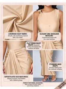 SOLERSUN Women Satin Sleeveless Ruched Draped Wrap Formal Elegant Long Dress Suitable For Party Casual Island Old Money Pleated Detailing - Khaki - View 14