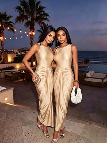 SOLERSUN Women Satin Sleeveless Ruched Draped Wrap Formal Elegant Long Dress Suitable For Party Casual Island Old Money Pleated Detailing - Khaki - View 8