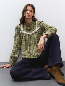 Nöista Womenswear Shirt In Fall Winter Colors, With Triming In Contrast, Shirt With Volume, Perfect For The Back To School. - Green - View 4