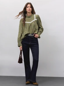 Nöista Womenswear Shirt In Fall Winter Colors, With Triming In Contrast, Shirt With Volume, Perfect For The Back To School. - Green - View 6