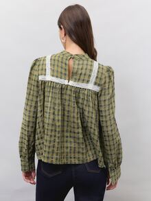 Nöista Womenswear Shirt In Fall Winter Colors, With Triming In Contrast, Shirt With Volume, Perfect For The Back To School. - Green - View 5