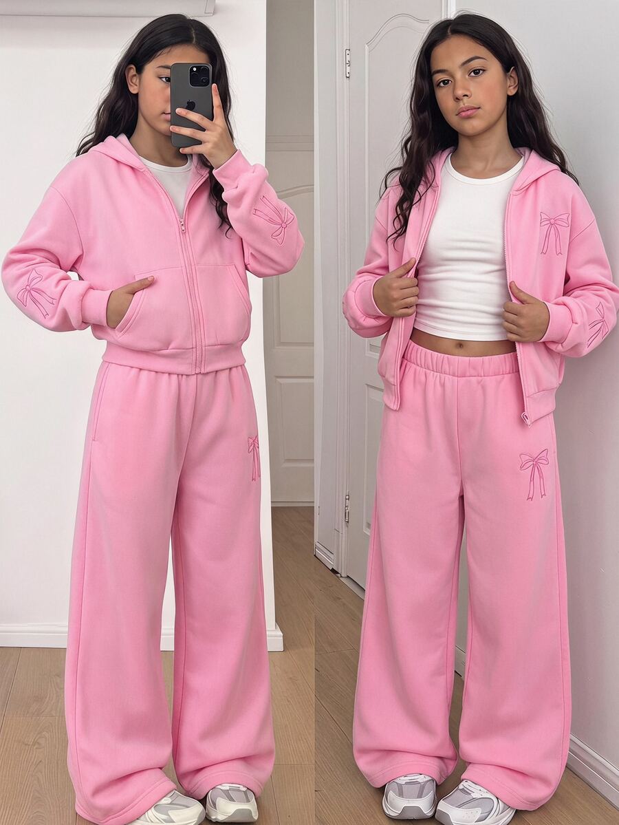 SHEIN 少女粉色套裝,蝴蝶結刺繡拉鍊連帽外套搭配同款寬腿運動長褲,柔軟抓絨面料,青春活力,適合返校、日常外出、戶外旅行、朋友聚會,適穿春夏秋冬 - 粉色 - 查看 1