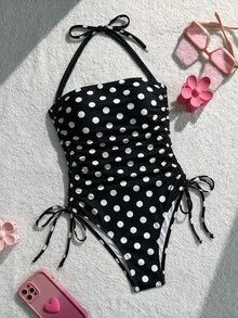 Swim Mod 女款波點印花綁帶式 1 件式泳衣，適合海灘度假 - 黑與白 - 查看 2