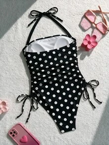 Swim Mod 女款波點印花綁帶式 1 件式泳衣，適合海灘度假 - 黑與白 - 查看 3