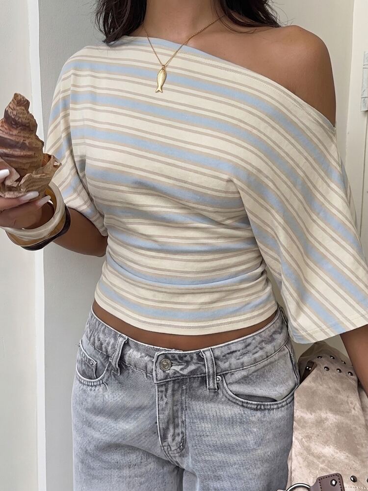 Aloruh Asymmetrical Shoulder Loose Top With Ruched Waist, Striped T-Shirt, Date Night Outfit, Women's Autumn Clothing, Autumn Outfit, Women's Commute Outfit, Basic Top, Going Out Outfit, Airport Outfit - White - View 3