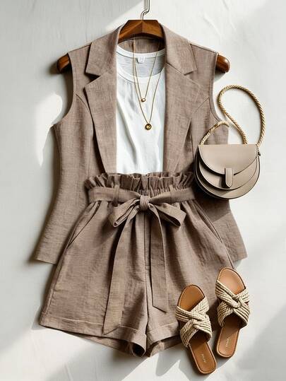 Franclia Women's Elegant Summer 2-Piece Set,Khaki Linen Ruffled Tie Waist Shorts,Fashionable Casual Commuter Wear,Business Office Brunch Work Outfits