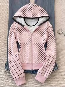 SHEIN 少女粉色波點兒童印花拼接黑色蕾絲飾邊拉鍊秋季運動衫，春夏風格，休閒優雅 - 粉色 - 查看 9