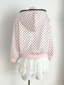 SHEIN 少女粉色波點兒童印花拼接黑色蕾絲飾邊拉鍊秋季運動衫，春夏風格，休閒優雅 - 粉色 - 查看 10